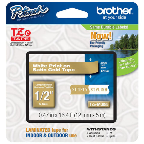 Brother 1/2" White on Satin Gold Tape - TZeMQ835