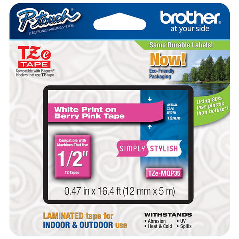 Brother 1/2" White on Berry Pink Tape - TZeMQP35