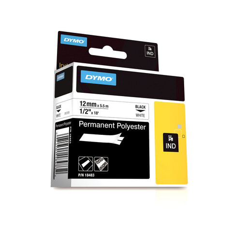 Dymo RhinoPro 1/2" Black on White Permanent Polyester Tape - 18483