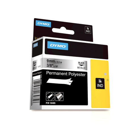 Dymo RhinoPro 3/8" Black on Metallic Silver Permanent Polyester Tape - 18485