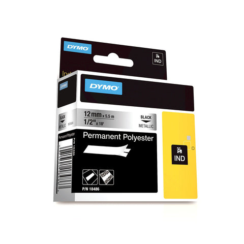 Dymo RhinoPro 1/2" Black on Metallic Silver Permanent Polyester Tape - 18486