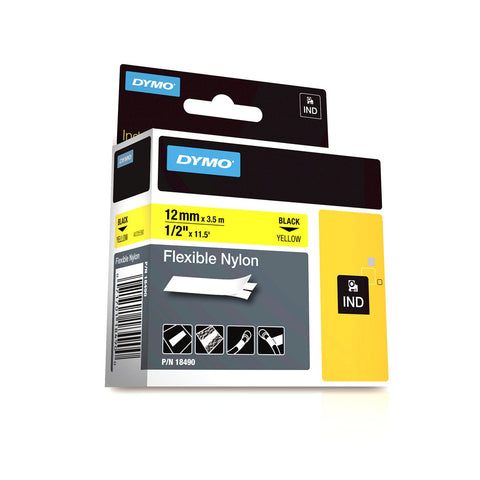 Dymo RhinoPro 1/2" Black on Yellow Flexible Nylon Tape - 18490