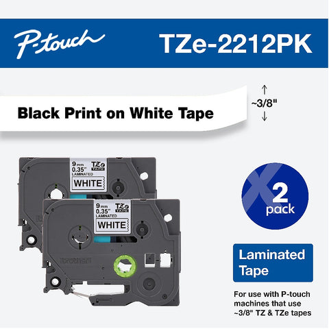Brother 3/8" Black on White Tape (2 Pack) - TZE2212PK