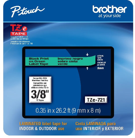 Brother 3/8" Black on Green Tape - TZe721