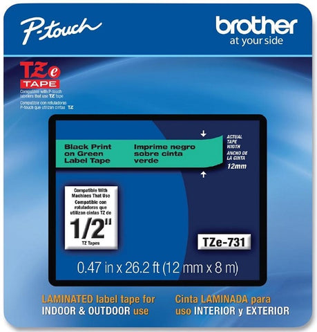 Brother 1/2" Black on Green Tape - TZe731